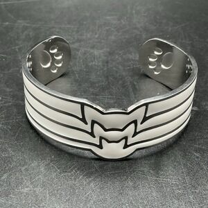 Cat Lady Silver Tone-White Enamel Wide Open Cuff Bracelet Stacked Cat Ear Design